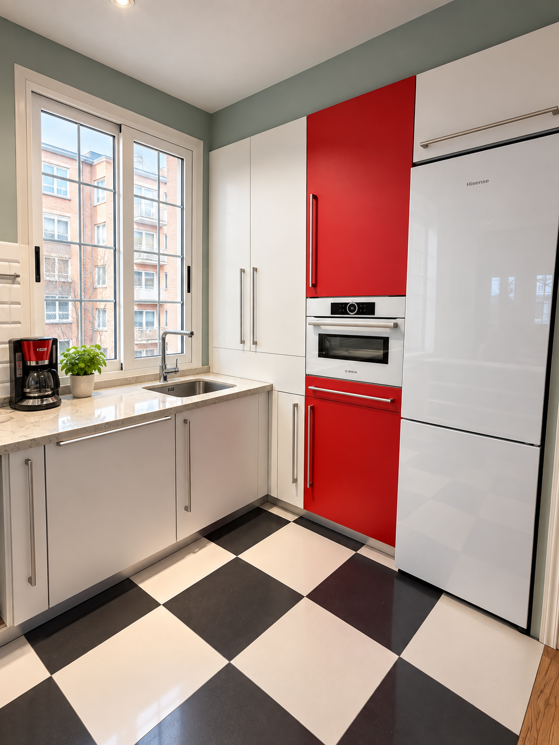 Detalle de cocina del proyecto Alcalá 175 con mobiliario rojo y blanco y superficie de trabajo clara