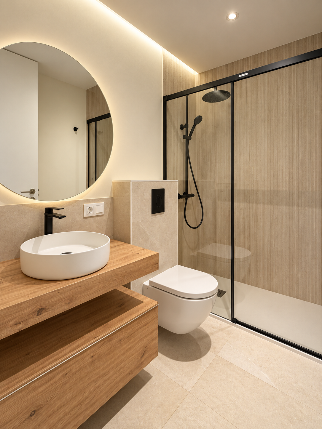 Acceso del proyecto Biarritz 3 con panelado vertical de madera, iluminación y suelo en espiga
