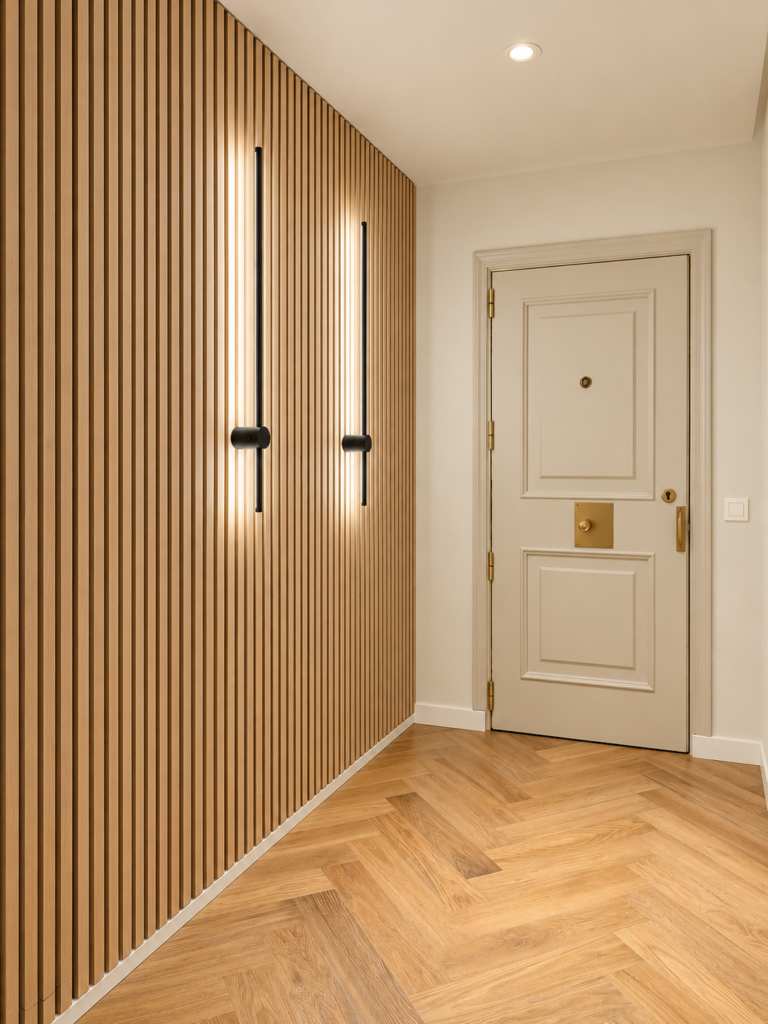 Baño del proyecto Biarritz 3 con mueble de madera y espejo redondo