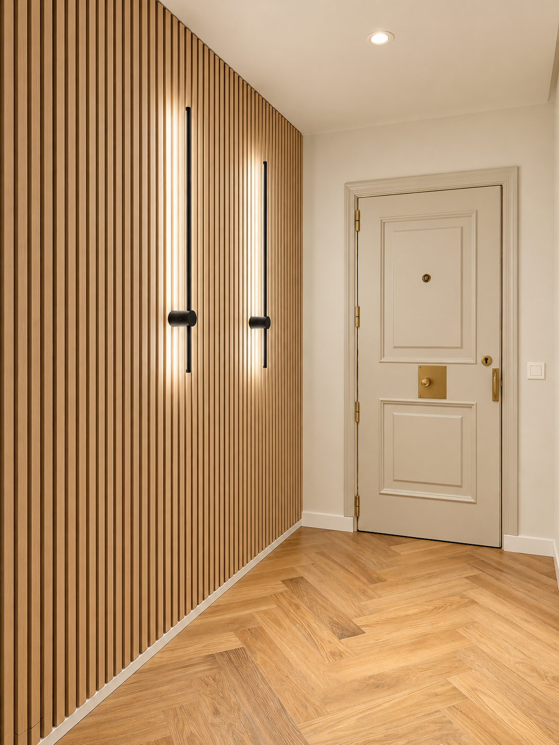 Baño del proyecto Biarritz 3 con mueble de madera, espejo redondo, mampara negra y ducha
