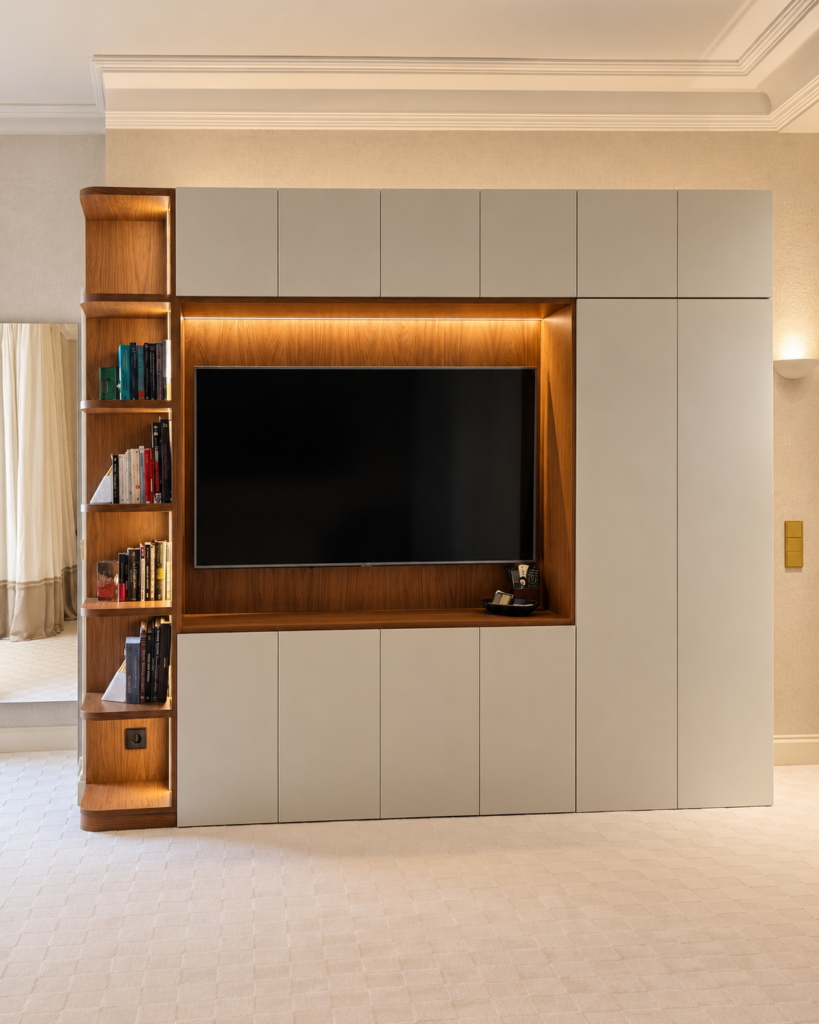 Mueble de televisión a medida en madera con almacenamiento integrado del proyecto Castellana 78