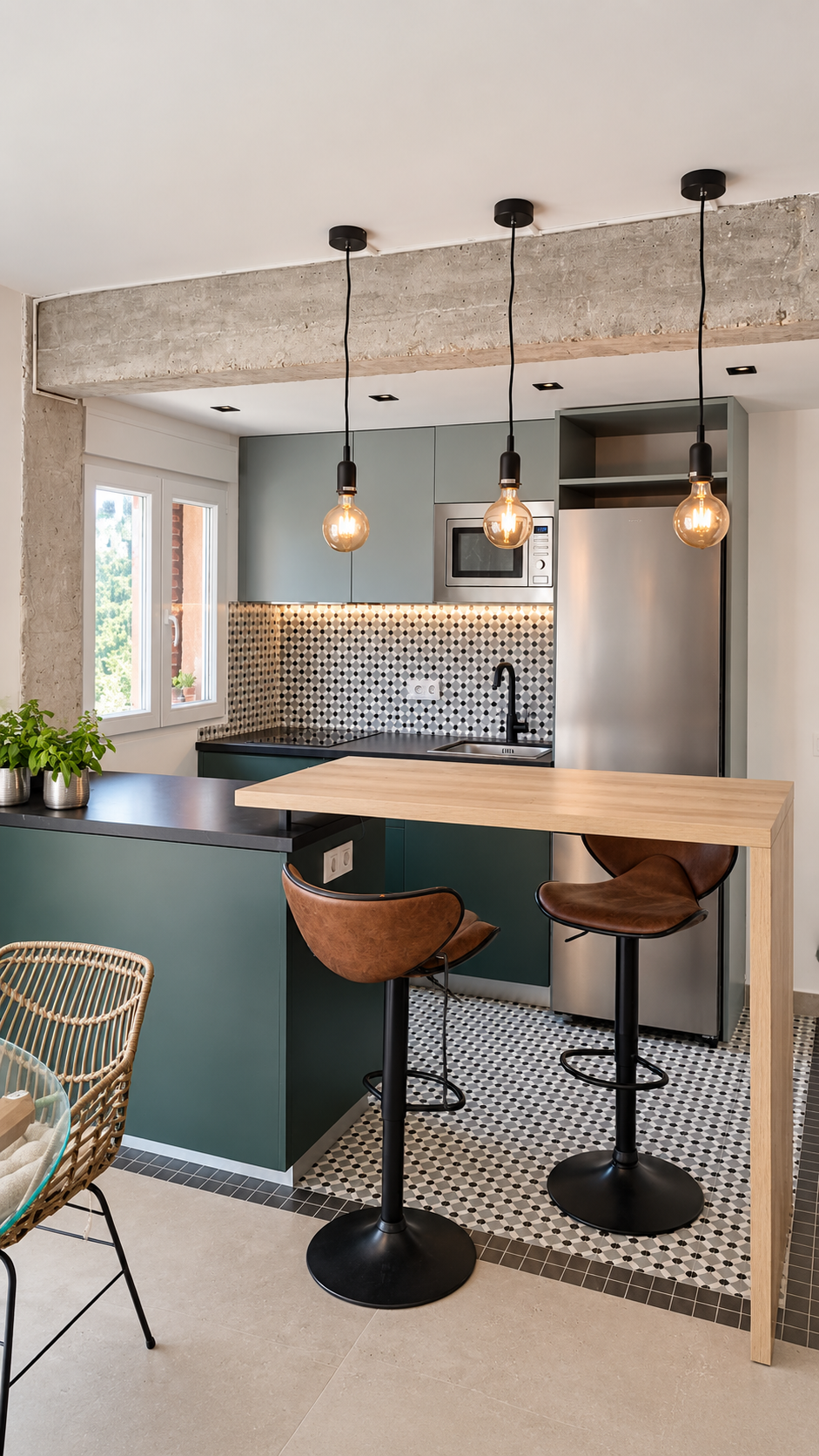 Cocina abierta y comedor del proyecto Cazorla 89 con mobiliario verde, barra de madera y luminarias colgantes