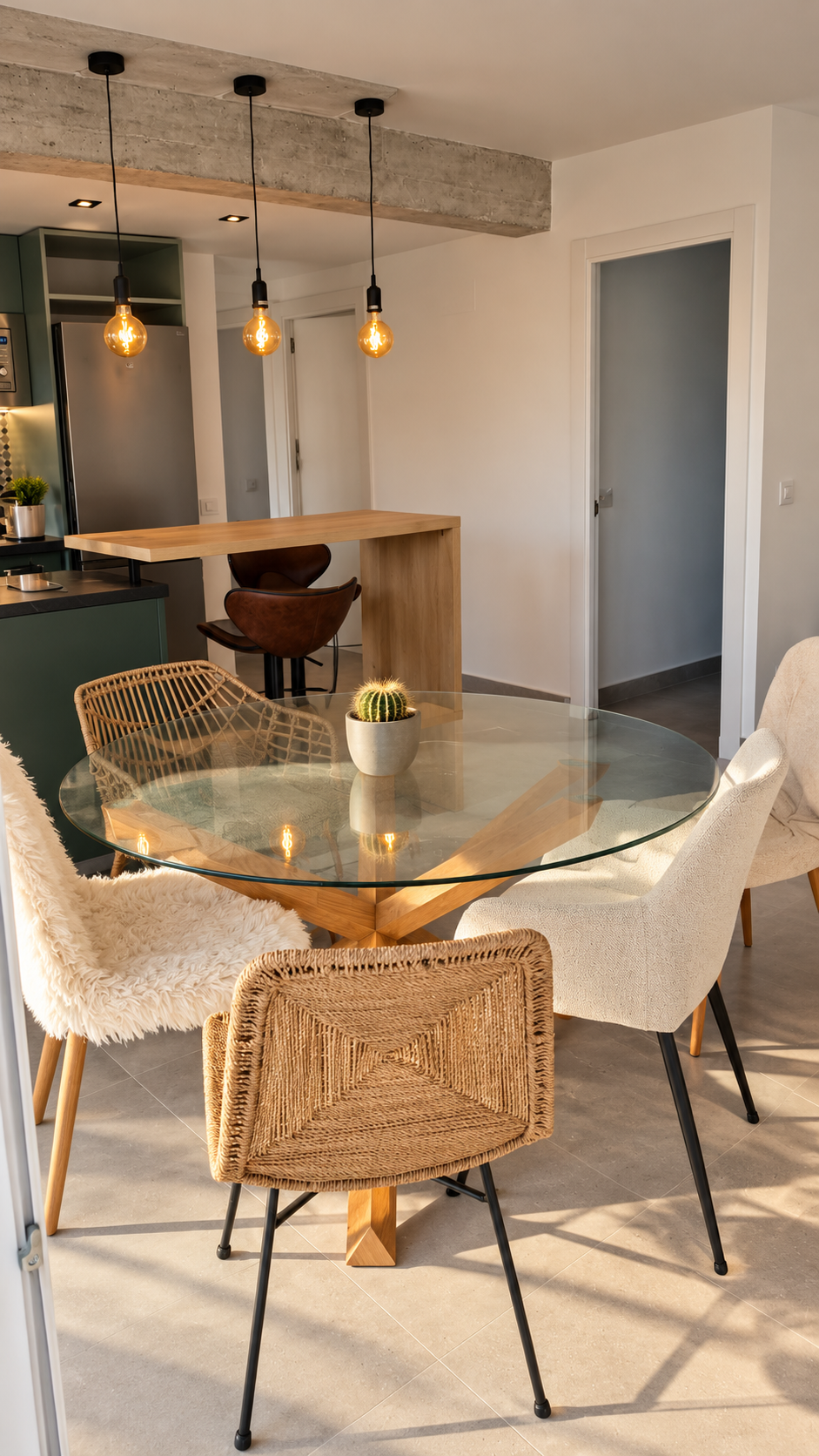 Comedor del proyecto Cazorla 89 con mesa de vidrio y conexión visual con la cocina