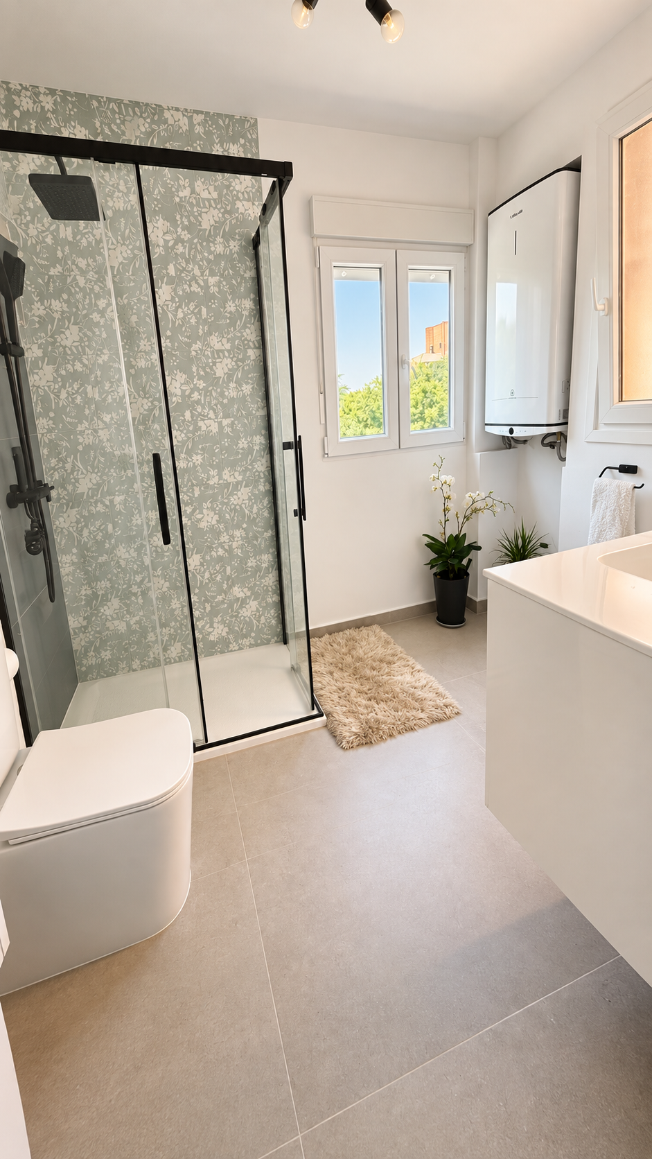 Ducha del proyecto Cazorla 89 con mampara negra, revestimiento floral y luz natural