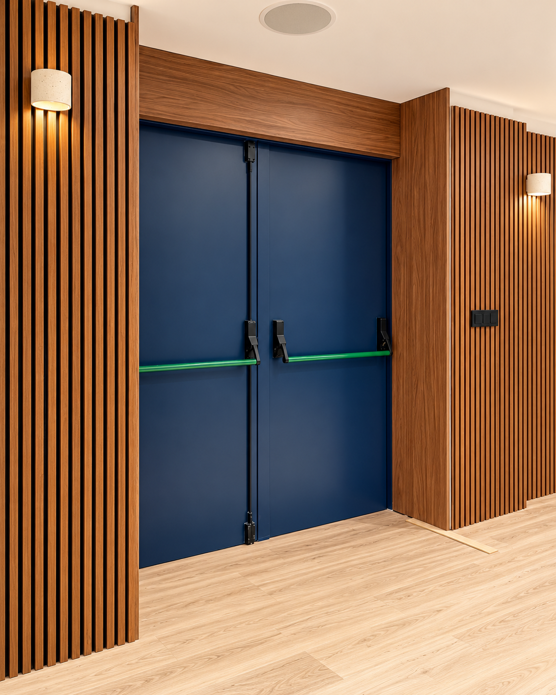 Acceso con revestimiento de listones de madera y puertas azules en el proyecto Ebro 4