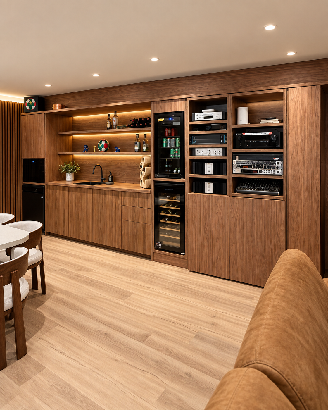 Bar y biblioteca audiovisual con carpintería a medida en madera del proyecto Ebro 4