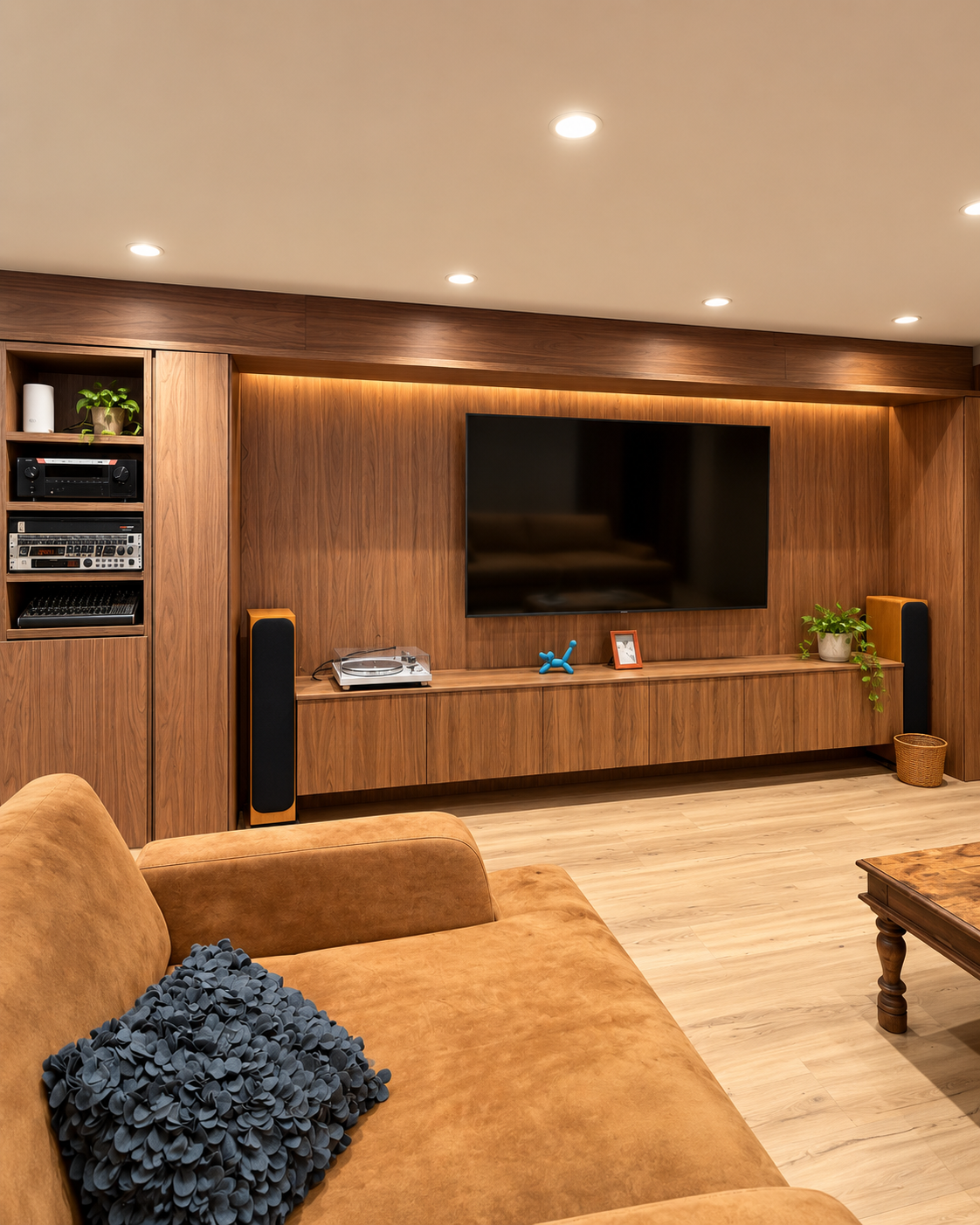 Sala audiovisual con mueble de televisión integrado en madera del proyecto Ebro 4
