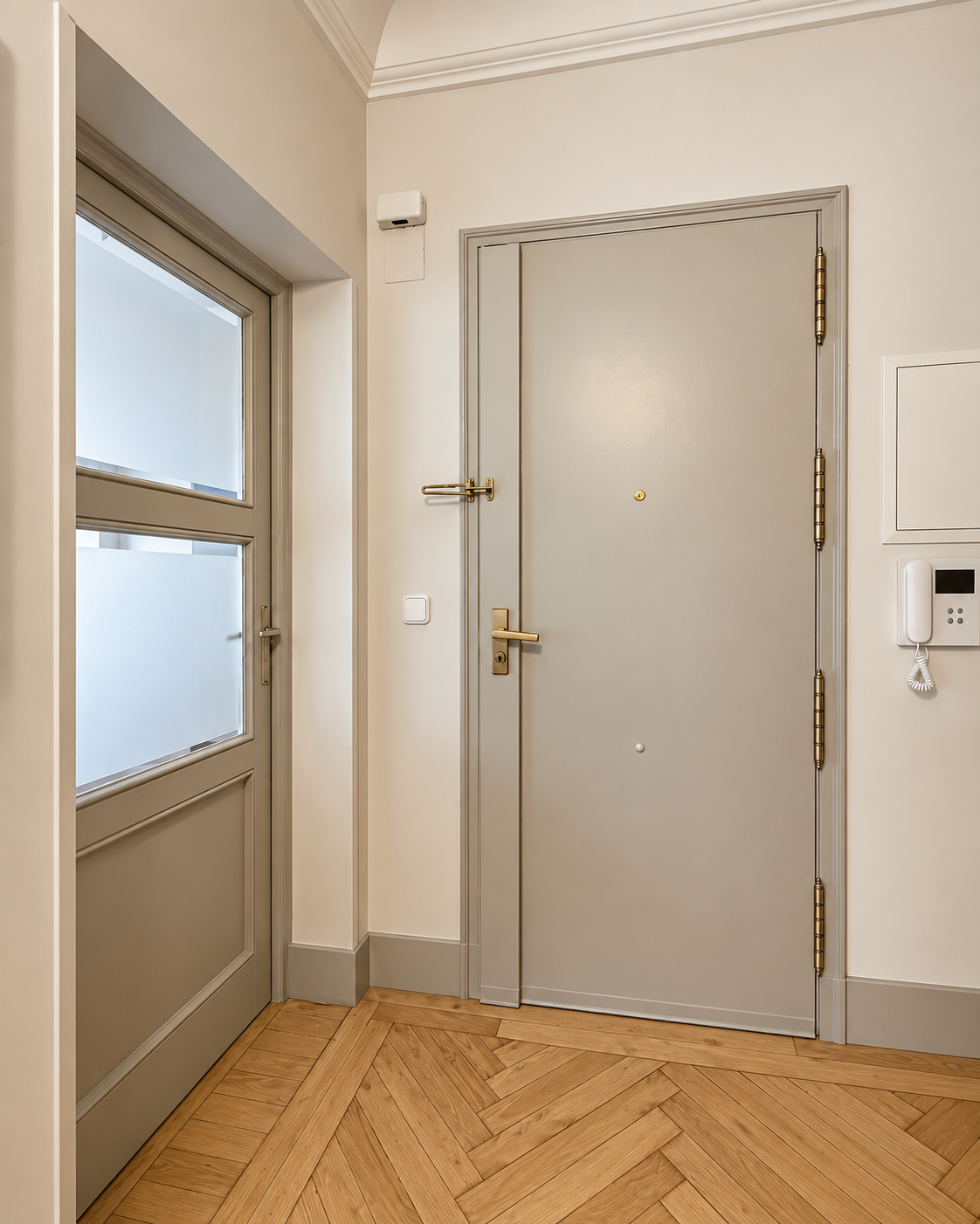 Acceso del proyecto Fernández de los Ríos 13 con puerta restaurada, molduras y suelo de madera en espiga