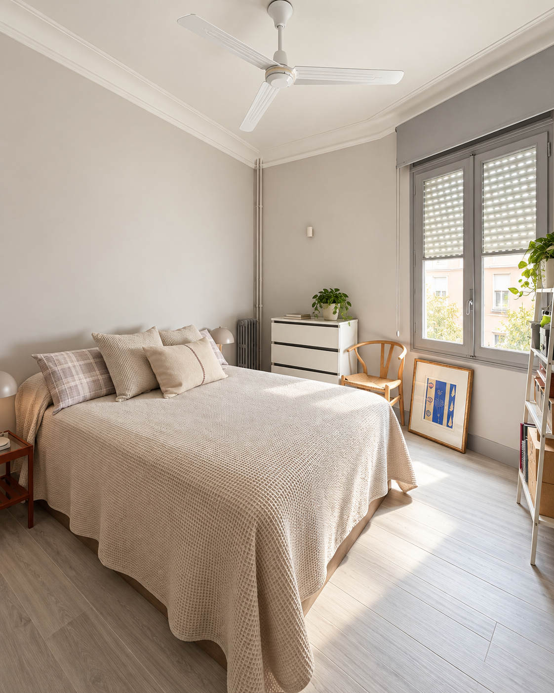 Dormitorio del proyecto Fernández de los Ríos 13 con tonos neutros y luz natural