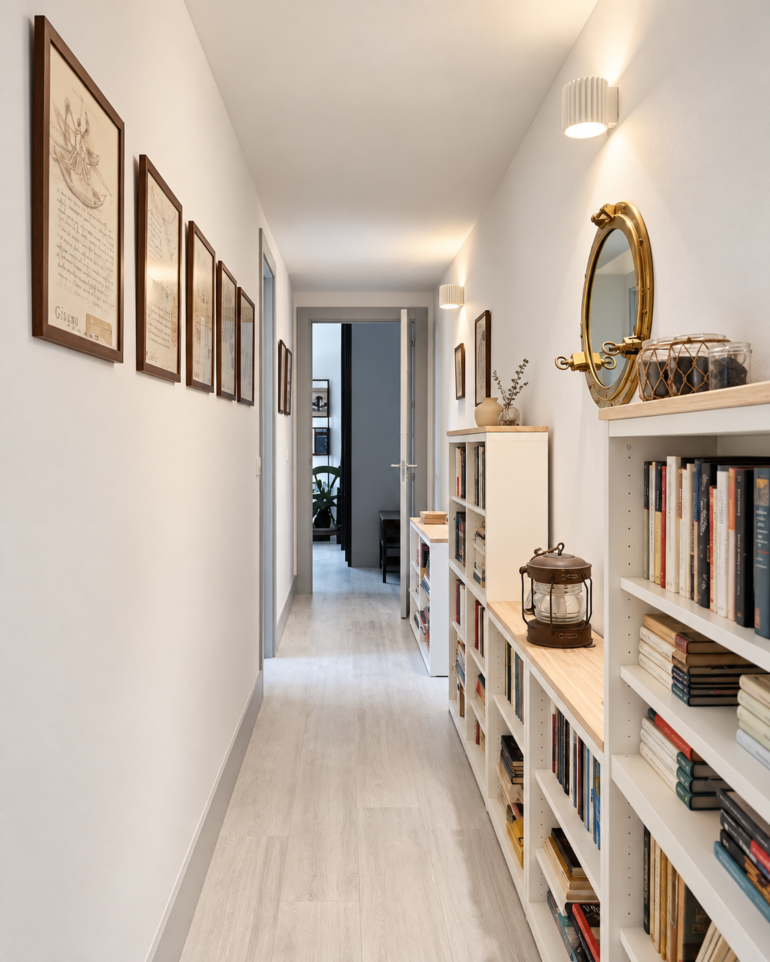 Pasillo con biblioteca baja e iluminación de pared en el proyecto Fernández de los Ríos 13