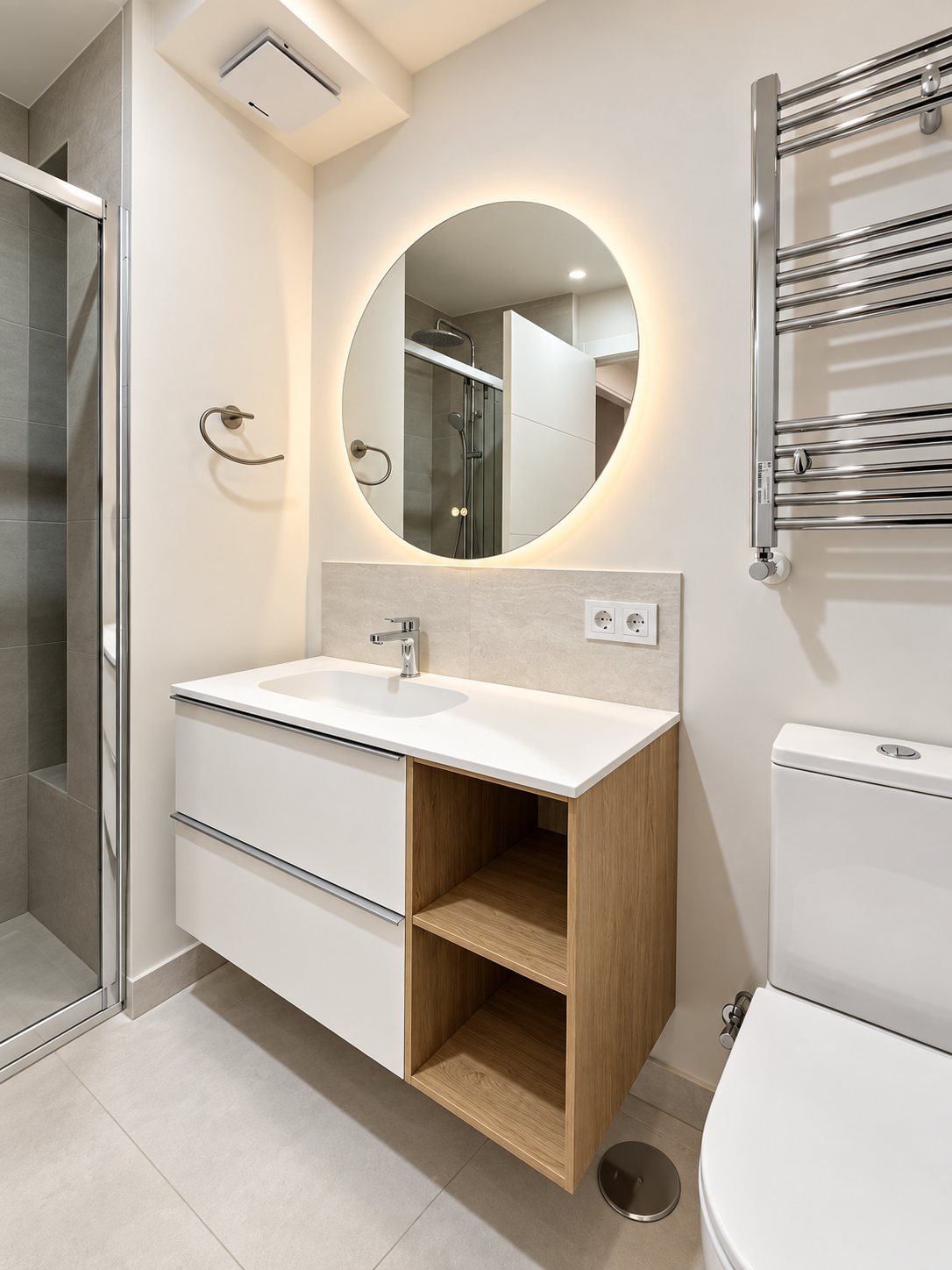 Baño del proyecto Mateo López 10 con mueble a medida y espejo retroiluminado