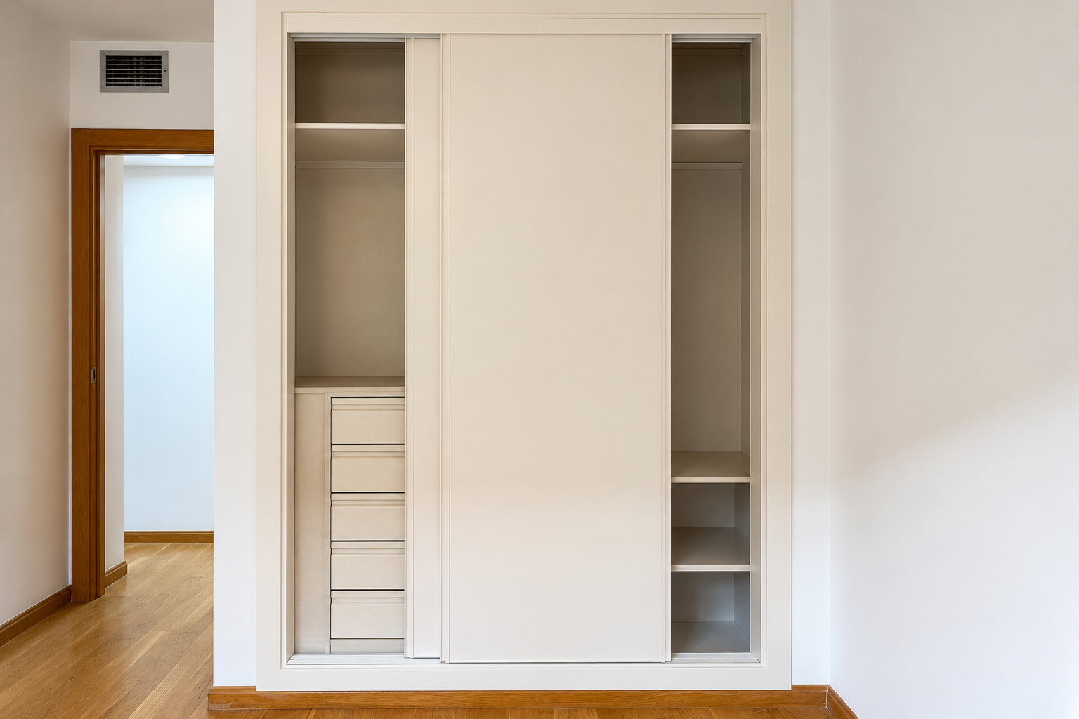Vista frontal del armario empotrado con cajonera e interior a medida del proyecto Rufino Blanco 38