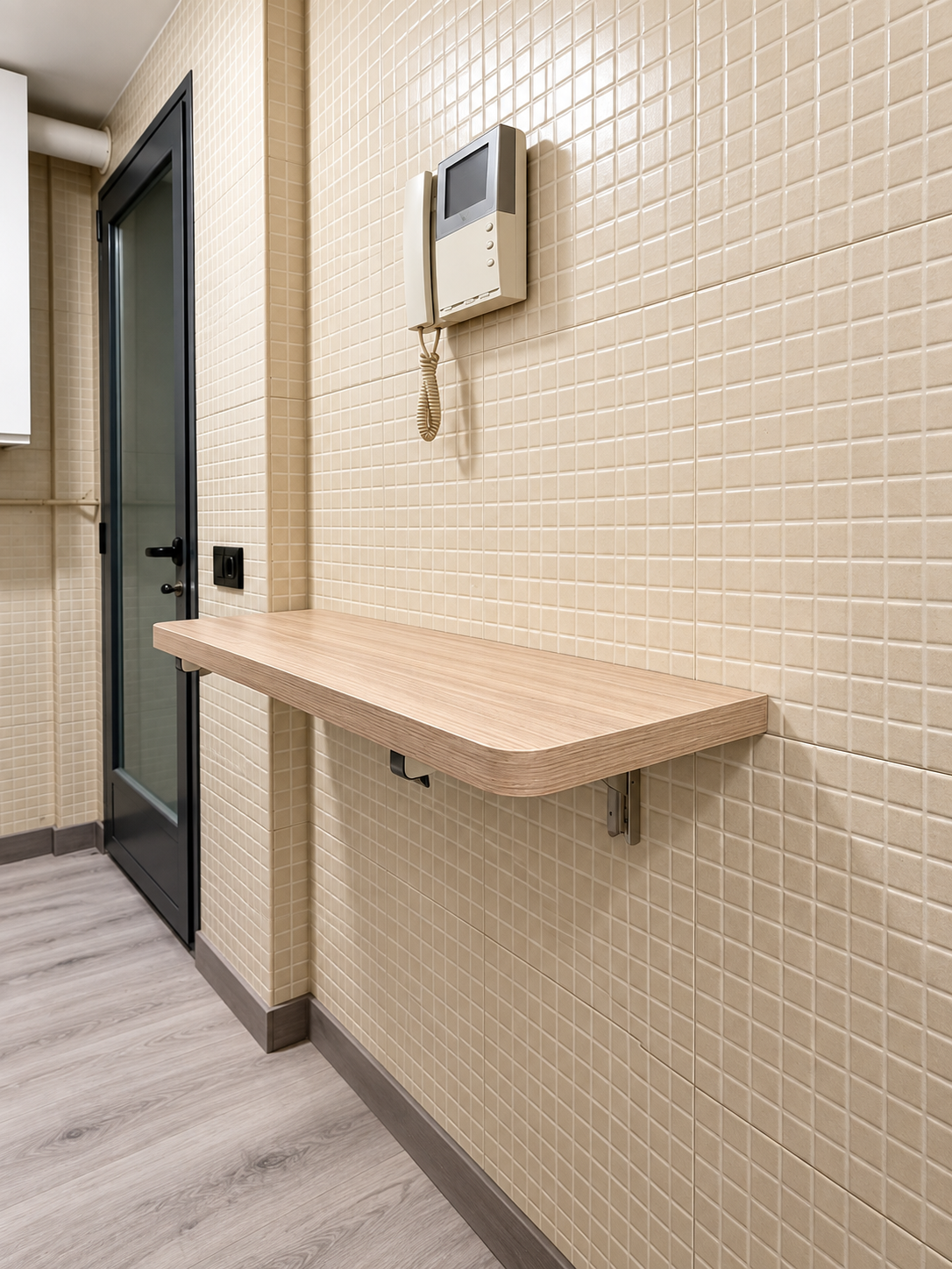 Mesa abatible de pared abierta en acabado madera del proyecto Rufino Blanco 38